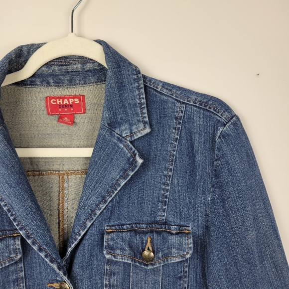 Y2K Vintage RL CHAPS Button Front Denim Jean Jacket Pleated Crest Chore Pockets - Picture 2 of 7